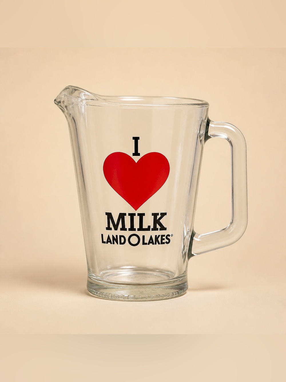 Land O' Lakes "I Love Milk" clear glass advertising pitcher 64 OZ Size.